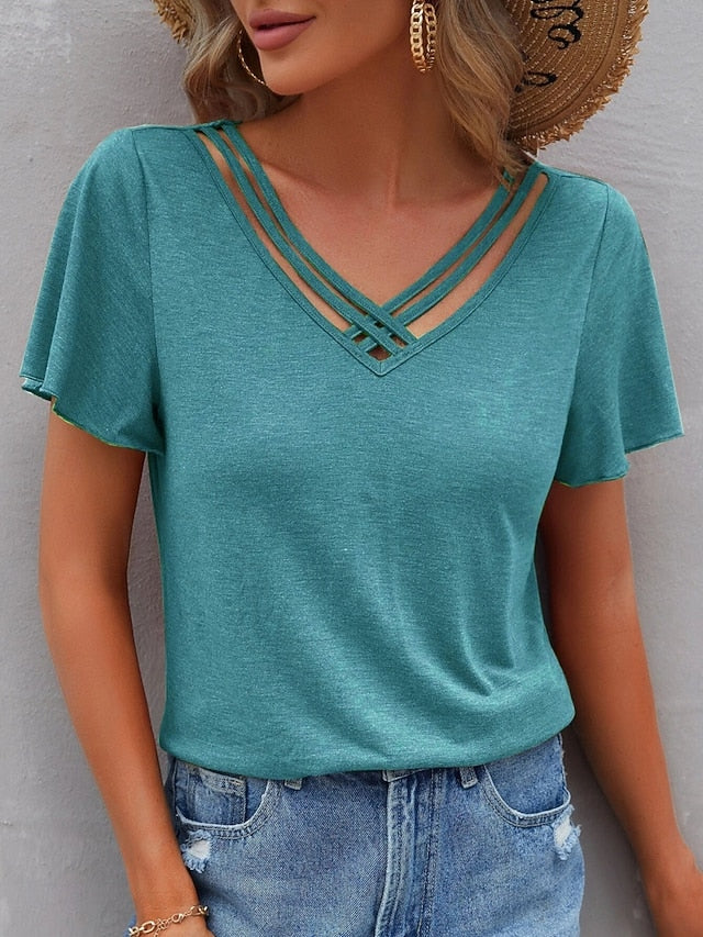 Women's T Shirt Tee Top Criss-Cross Hollow Out Plain
