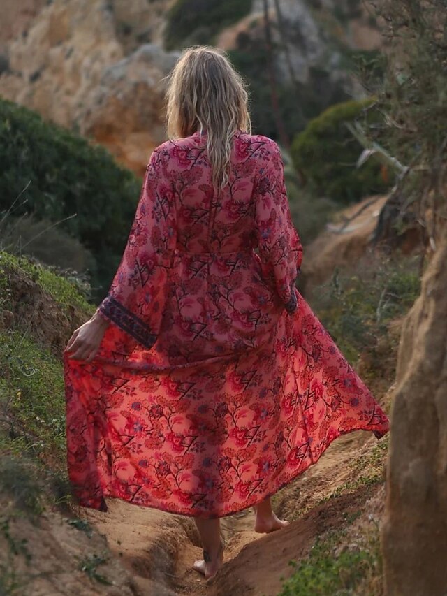 Women's Floral V Neck Maxi Dress Long Sleeve Summer Spring