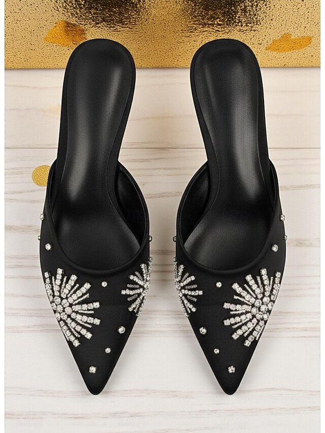 Satin Toe Rhinestone Women's Pointed Black Mules with