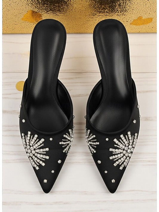 Satin Toe Rhinestone Women's Pointed Black Mules with