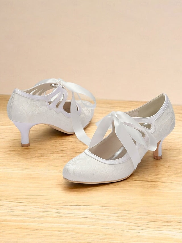Pumps Elegant - Bridal Lace Satin White with Ribbon Vintage Ties