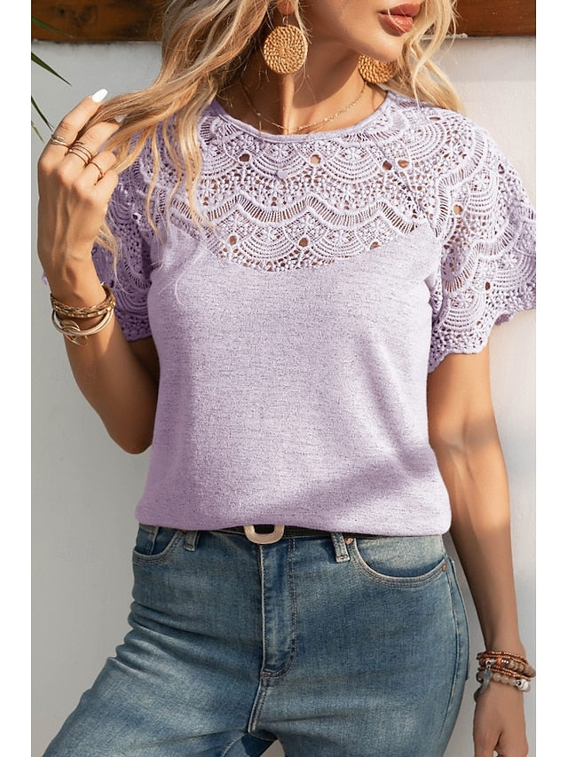 Women's Blouse Lace Tops Lace Plain Casual Short Sleeve