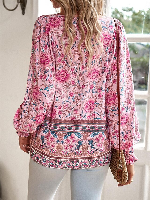 Women's Shirt Blouse Casual Boho Floral Lace up Print Long