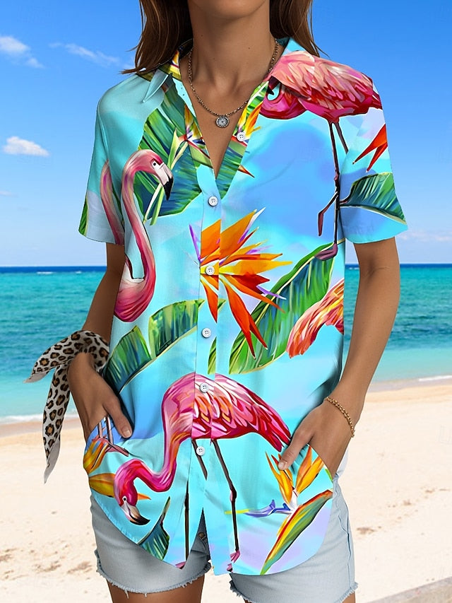 Women's Shirt Short Sleeve Button Down Blouse Graphic Leaf