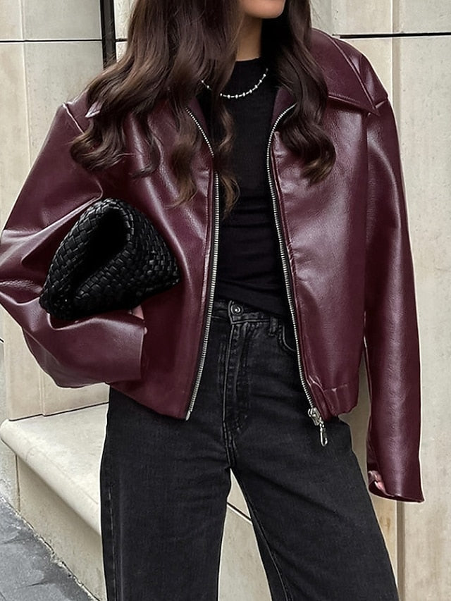 Comfortable Jacket Zipper Women's Faux Warm Pocket Leather