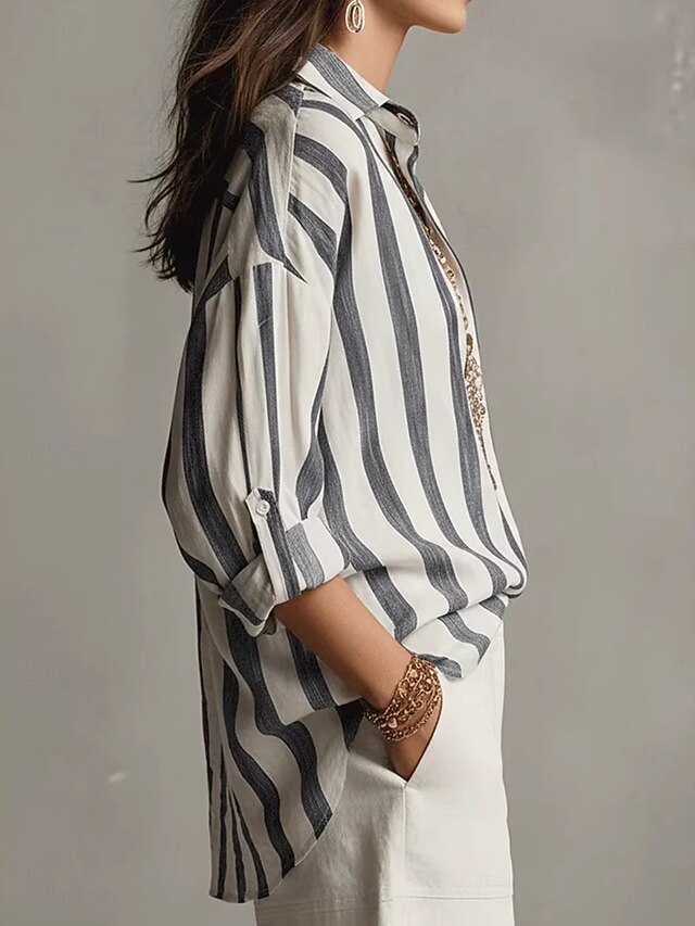 Women's Blouse Faux Linen Shirt Buttons Print Striped