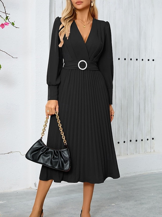 Women's Casual Dress Midi Dress Belted Casual V Neck Long