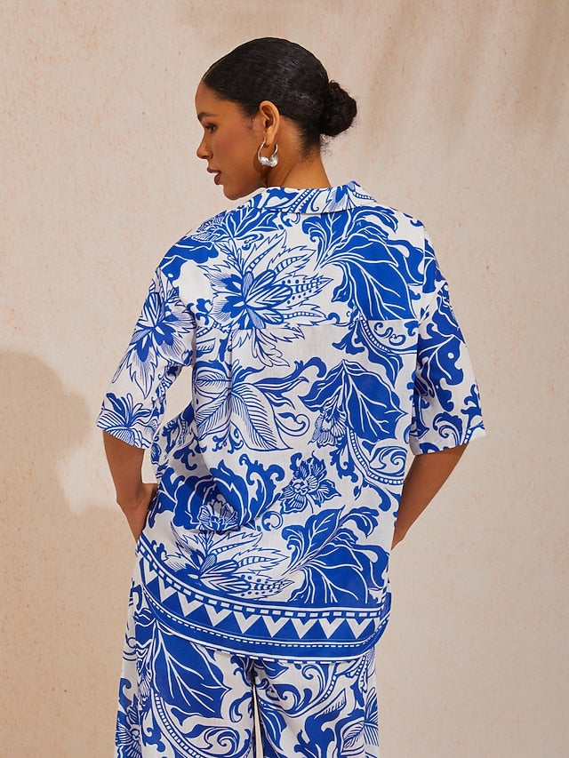 St Barth Blooms Airy Linen Look Blue Blouse