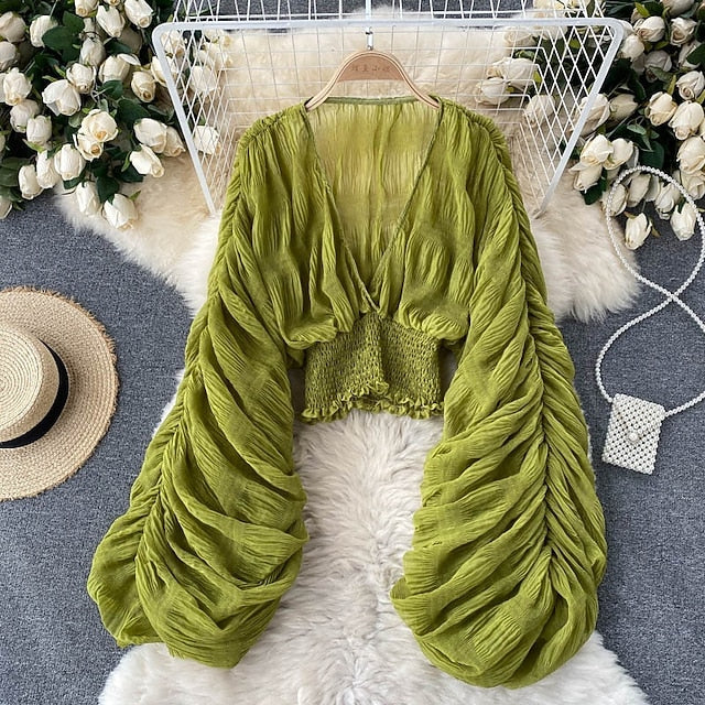 Women's Blouse Chiffon Tops Ruched Plain Stylish Long