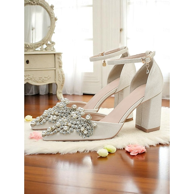 and Pearl Women's Wedding Block Embellished Rhinestone Heel