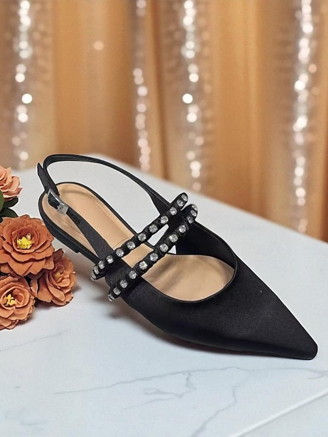 Women's - Slingback Rhinestone Flats Pointed Satin Toe