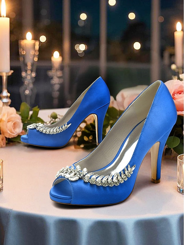 Blue Embellishment Heels Luxury with Crystal Peep-Toe – Satin