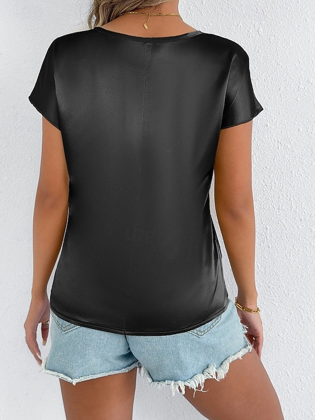 Women's Satin T Shirt Solid Color Elegant Stylish Short
