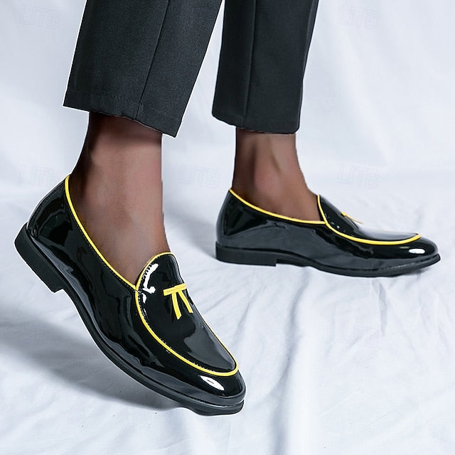 Yellow Loafers Black Leather with Faux Trim Men's Patent