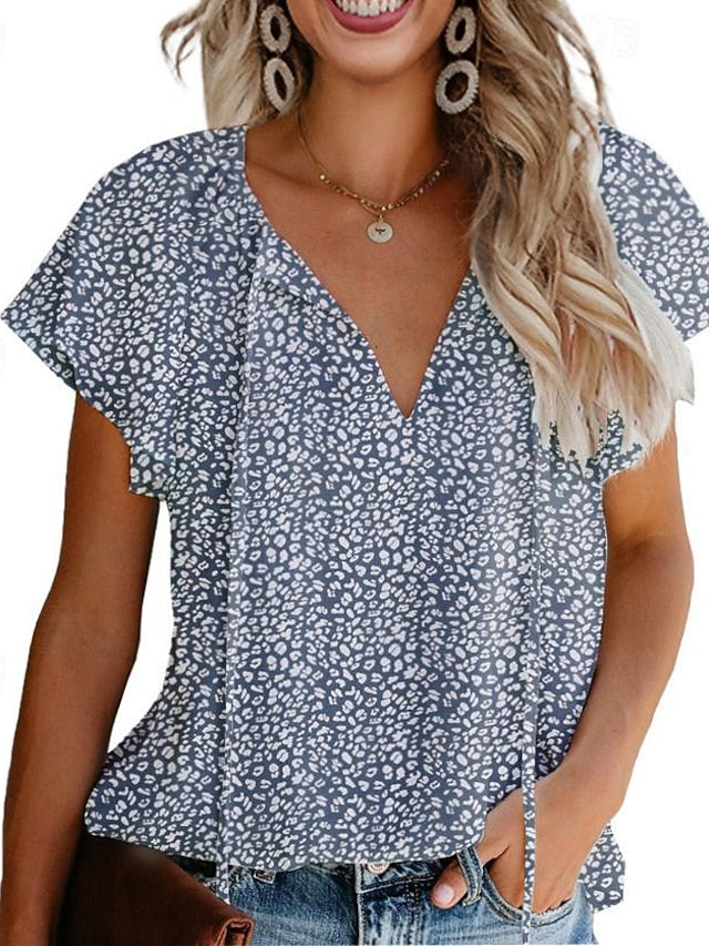 Women's Shirt Blouse Lace up Print Leopard Casual Short