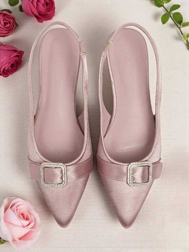 Women's Buckle Slingback with Satin Pink Flats Rhinestone