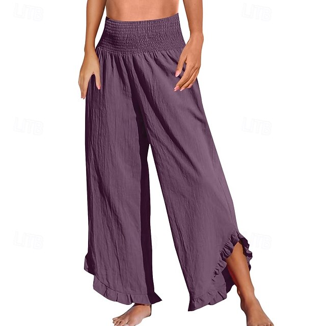 Women's Cotton Linen Pants Culottes Wide Leg Slacks Fashion
