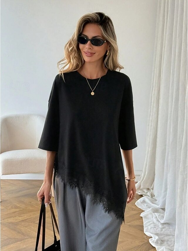 Women's Elegant Tunic T Shirt Asymmetrical Hem Plain