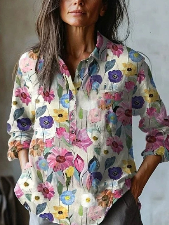 Women's Shirt Pocket Buttons Print Floral Stylish Casual
