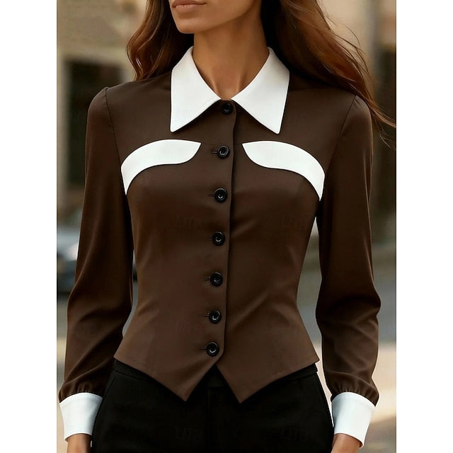 Women's Blouse Patchwork Buttons Color Block Elegant
