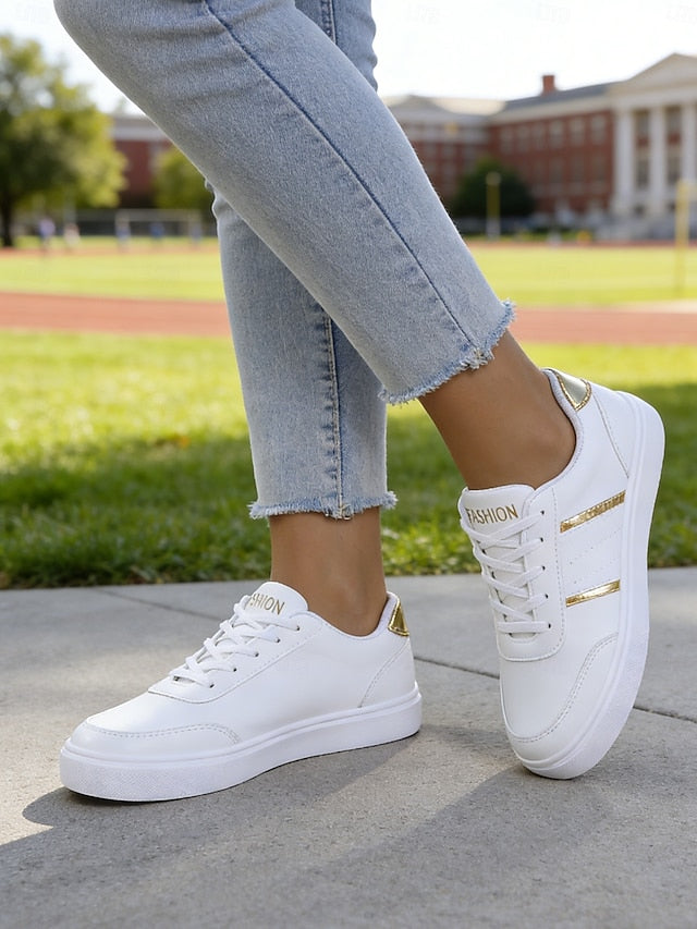 Women's White Lace-up Sneakers with Gold Detailing –