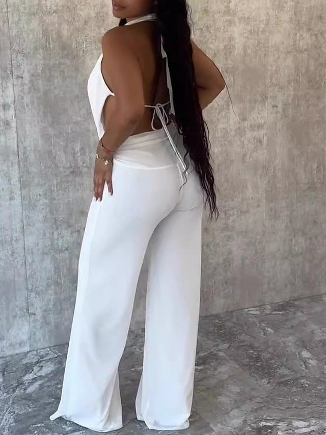 Women's Pants Sets Bolero Top Sleeveless Halter Neck Solid