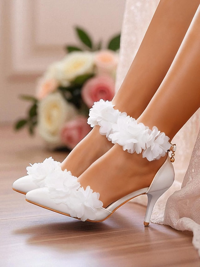 - Ankle Heels Elegant White Floral Strap Pointed Women's