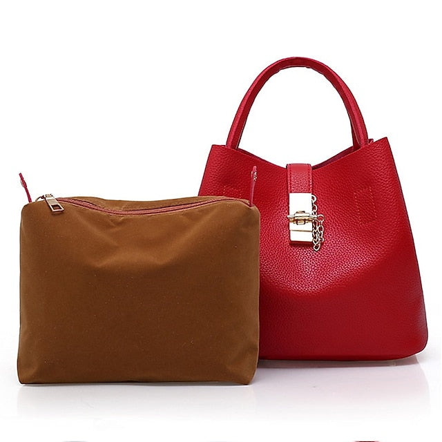 Gold Lock with and Faux Women's Chain Leather Handbag Red