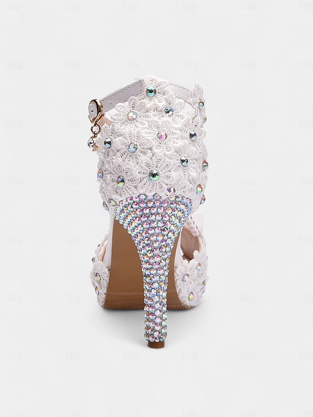 T-Strap Lace Floral Pearl-Decorated Sandals White - Bridal