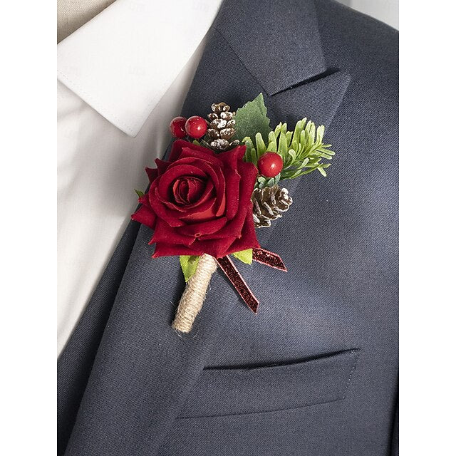 Rose and Boutonniere Women's Red Christmas Set Corsage