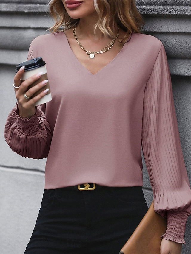 Women's Shirt Blouse Solid Color Basic Casual Long Sleeve V