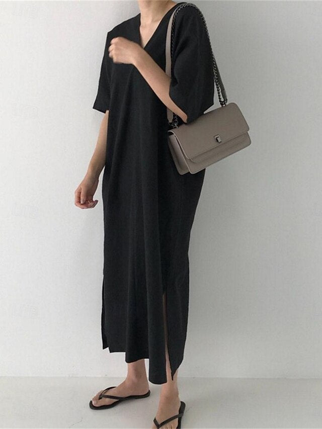 Women's Black Apricot Summer Spring Maxi Dress Cotton Blend