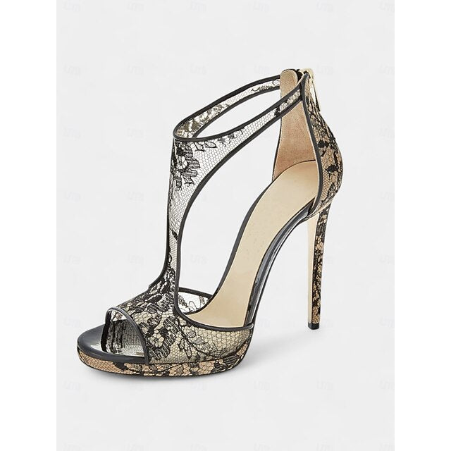with Black Peep-Toe for Mesh Heels Stiletto Design Lace