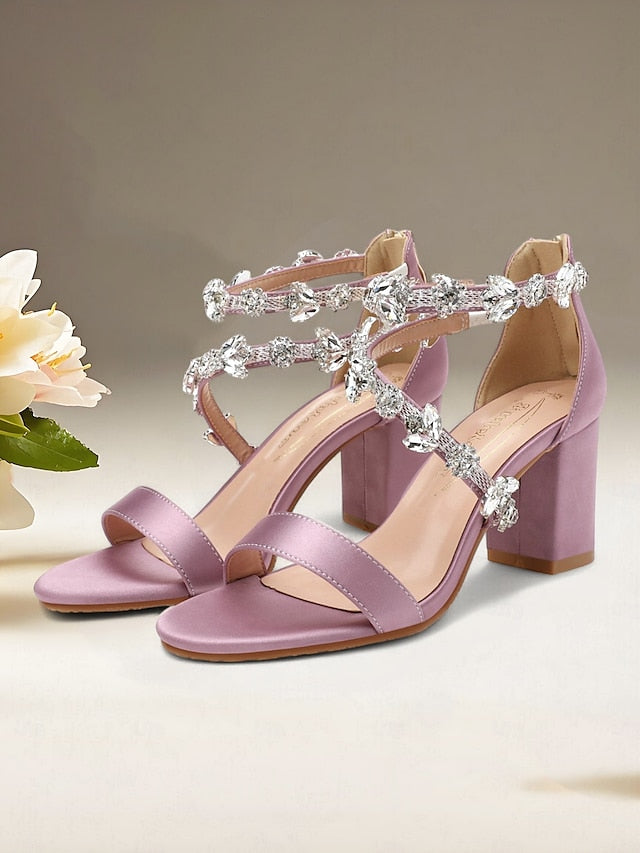 Women's with Crystal Pink Straps Heel Block Sandals Satin