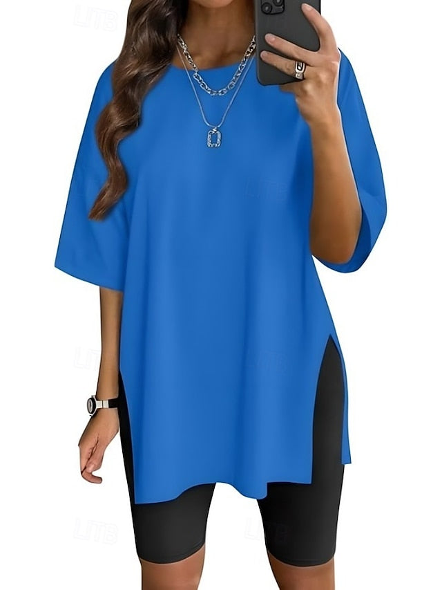 Women's T Shirt Side Split Solid Color Graphic Fashion