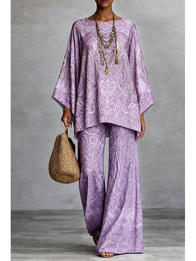 Women's Pants Sets Long Sleeve Round Neck Graphic Paisley