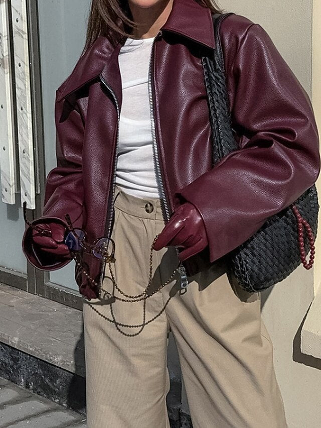 Zipper Pocket Leather Faux Jacket Women's Warm Comfortable