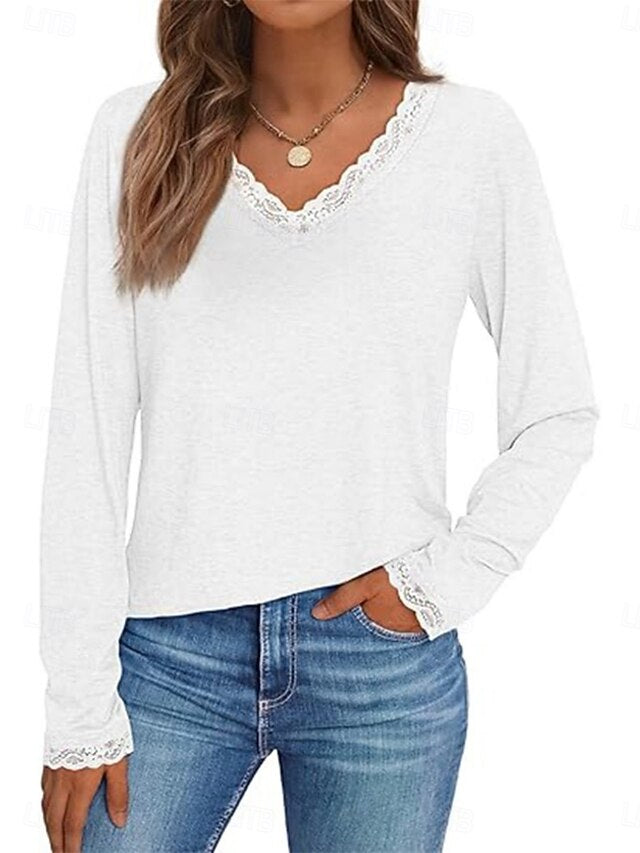 Women's T-Shirt  Solid Color Stylish Casual Long Sleeve V