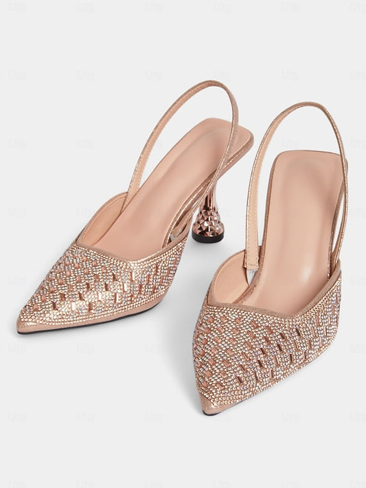 Rose with Rhinestone Gold Women's Heels Slingback Geometric