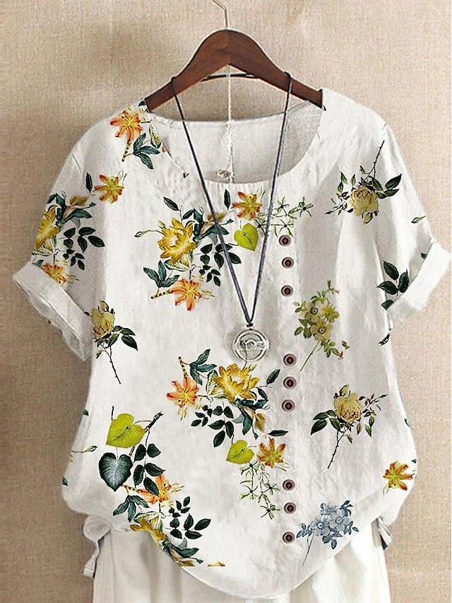 Women's Shirt Blouse Faux Cotton Linen Floral Casual Short