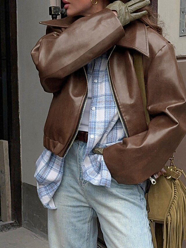 Zipper Pocket Leather Faux Jacket Women's Warm Comfortable