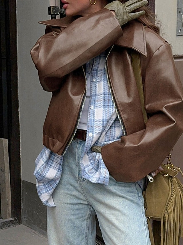 Comfortable Jacket Zipper Women's Faux Warm Pocket Leather