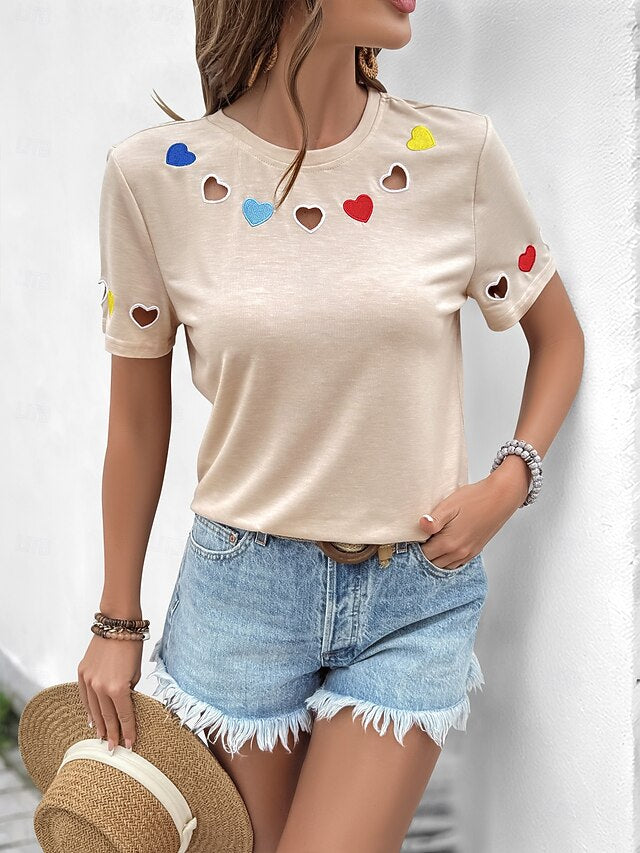 Women's T Shirt Embroidered Cut Out Heart Cute Stylish