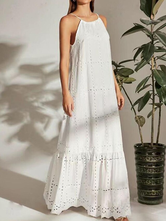 Women's Black White Summer Spring Maxi Dress Cotton Blend