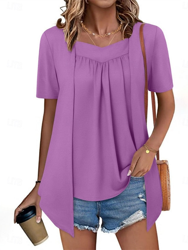 Women's T Shirt Tee Top Ruched Fake two piece Plain Fashion