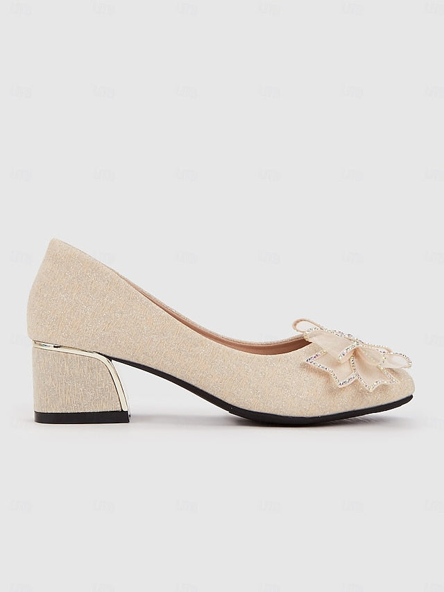 Bow Decoration - Glitter with Block Heel Pumps Gold Women's