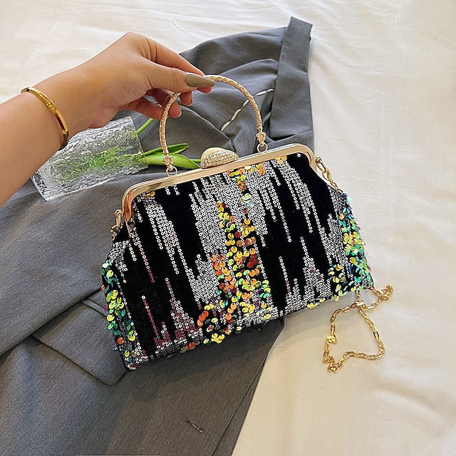 Women's Ivory Sequin Top Handle Clutch with Chain Strap,