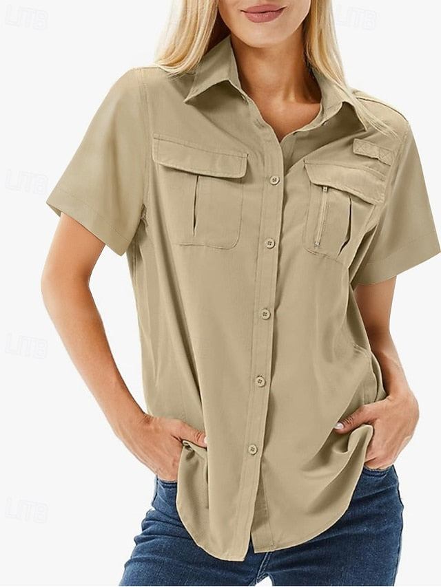 Women's Shirt Blouse Pocket Buttons Plain Casual Short