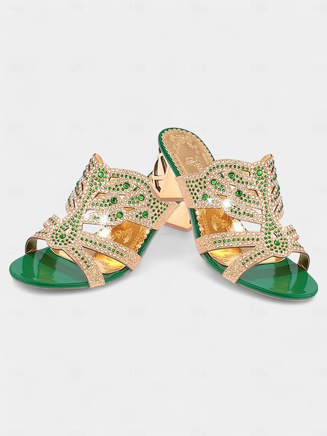 and Gold - Heeled Sandals Embellished Green Rhinestone