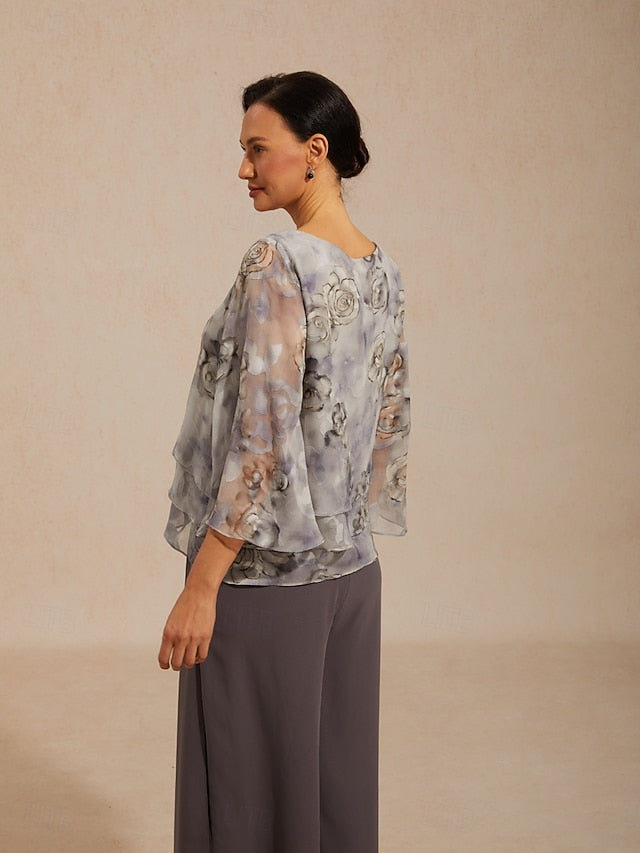 Women's Sheer Blouse Chiffon Tops Lace up Floral Elegant
